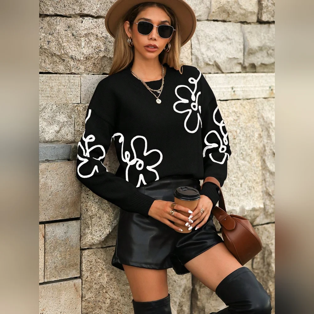 Floral Pattern Drop Shoulder Sweater - Picture 2 of 7